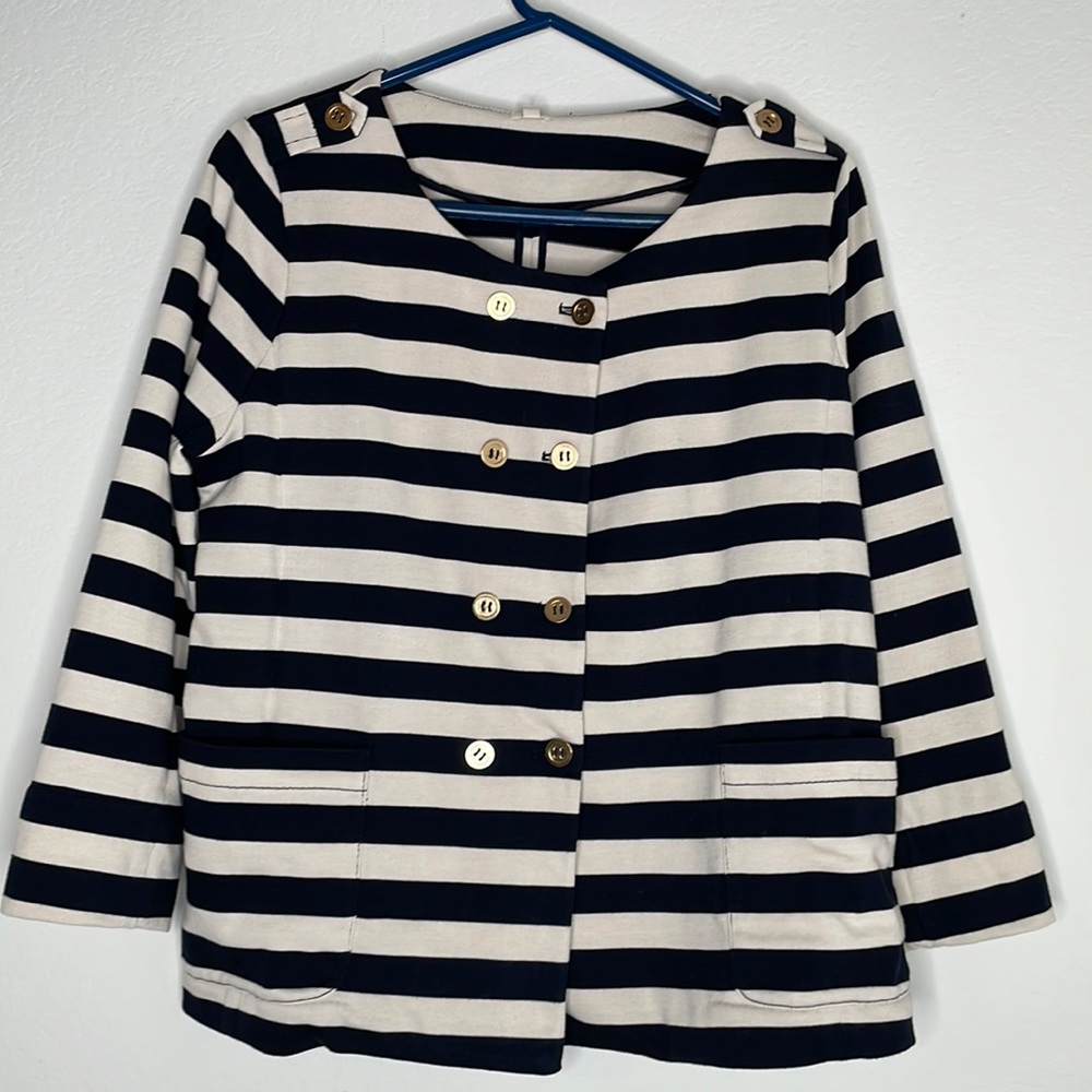 J. Crew Blazer  Sweater Cardigan Navy and Cream Nautical  Stripe Women's Size M